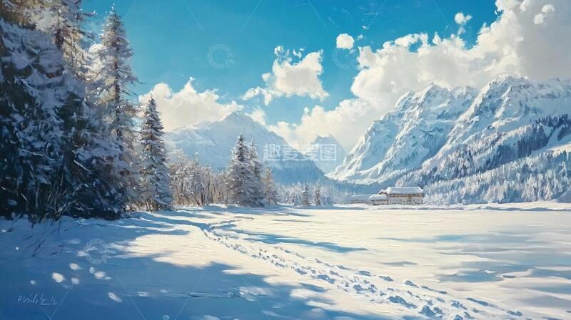 高清大图下载【趣麦麦图】冬季雪景风景油画2