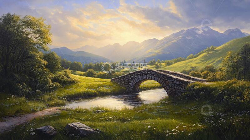 高清大图下载【趣麦麦图】石桥风景画油画风景唯美1