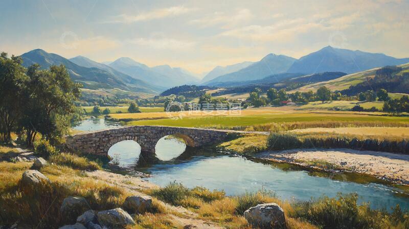 高清大图下载【趣麦麦图】石桥风景画油画风景写实