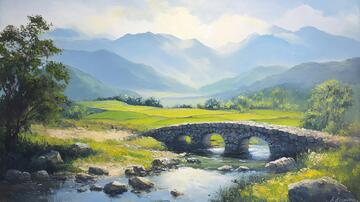 石桥风景画油画桥梁油彩