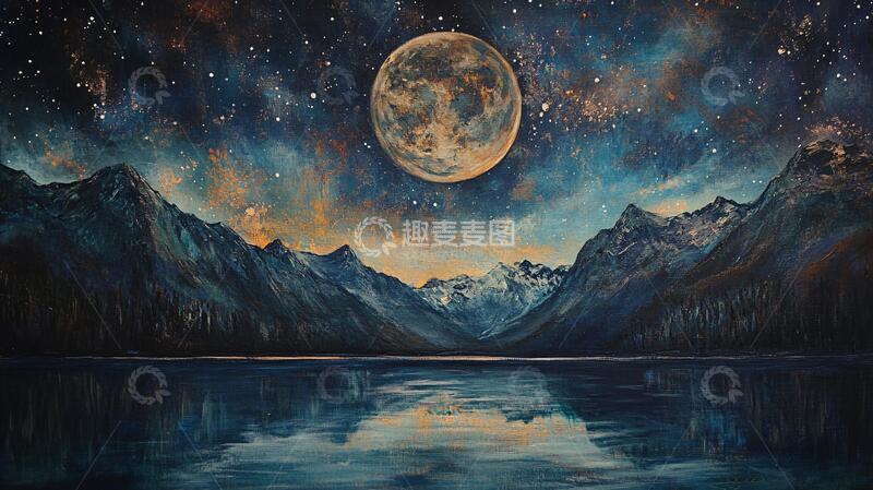 高清大图下载【趣麦麦图】月夜油画油画倒影插画