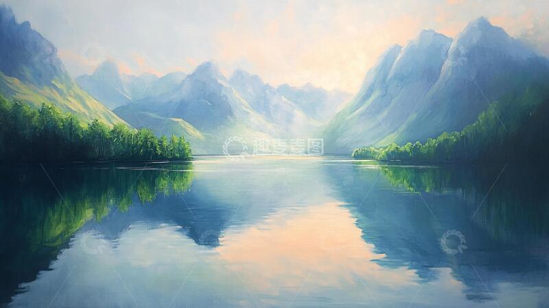 高清大图下载【趣麦麦图】山湖插画插画油画宽幅