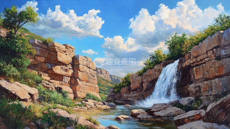 高清大图下载【趣麦麦图】山水风景油画瀑布18