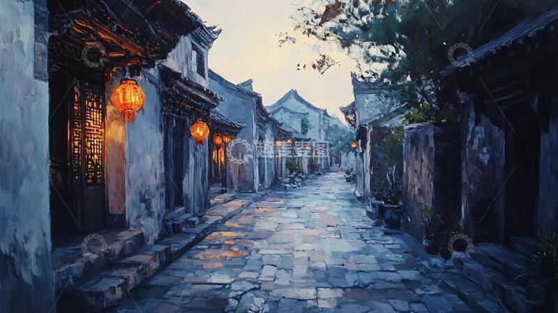 高清大图下载【趣麦麦图】油画古街巷油画插画街巷