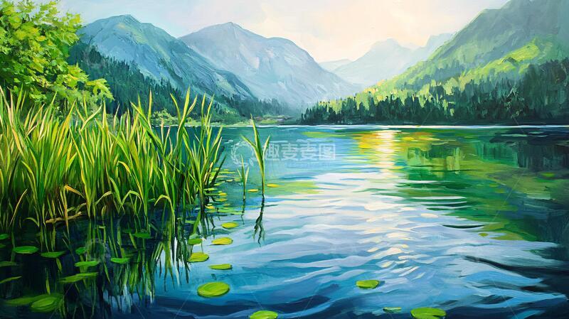 高清大图下载【趣麦麦图】山湖插画插画湖泊风景