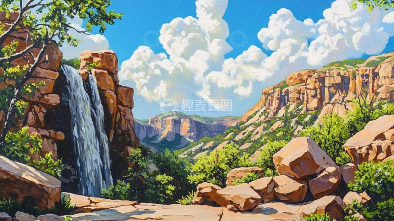 高清大图下载【趣麦麦图】风景原画瀑布绘画山景
