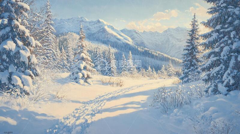 高清大图下载【趣麦麦图】冬季雪景风景油画1