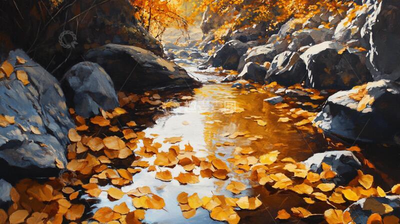 高清大图下载【趣麦麦图】山间溪流落叶