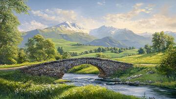 石桥风景画石桥油画山水