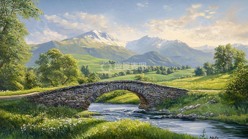 高清大图下载【趣麦麦图】石桥风景画石桥油画山水