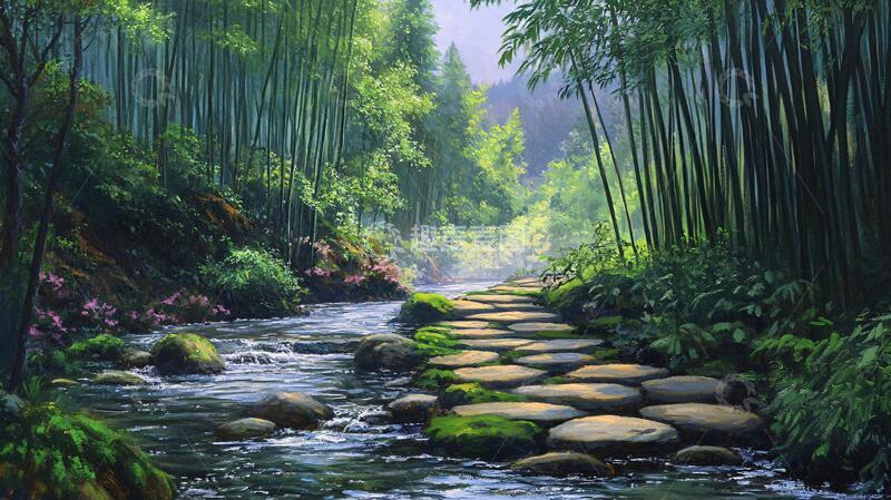 高清大图下载【趣麦麦图】竹林河流山峰5