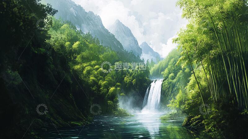 高清大图下载【趣麦麦图】春天竹林瀑布晨曦唯美10