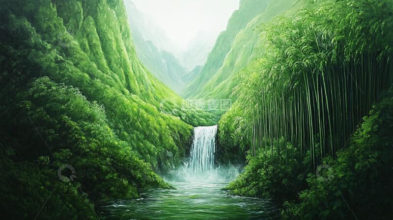 高清大图下载【趣麦麦图】竹林立体画绿色河流背景