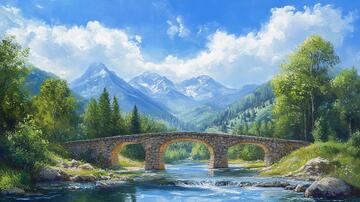 石桥风景画油画桥梁插画