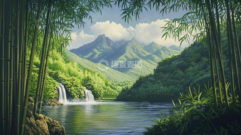 高清大图下载【趣麦麦图】竹林山水背景5