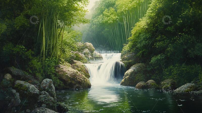 高清大图下载【趣麦麦图】春天竹林瀑布晨曦唯美7
