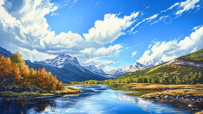 高清大图下载【趣麦麦图】宽屏风景画油画宽幅河流