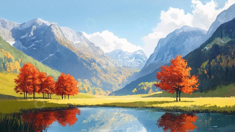 高清大图下载【趣麦麦图】宽屏风景画插画秋色场景