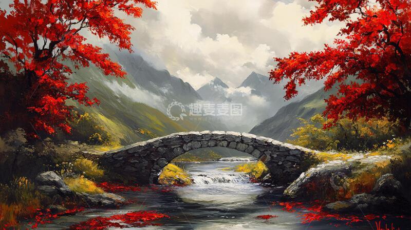 高清大图下载【趣麦麦图】石桥风景画插画绘画手绘