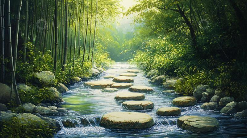 高清大图下载【趣麦麦图】竹林立体画竹林小路小河