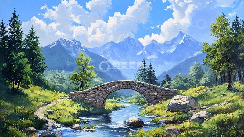 高清大图下载【趣麦麦图】石桥风景画油画手绘插画