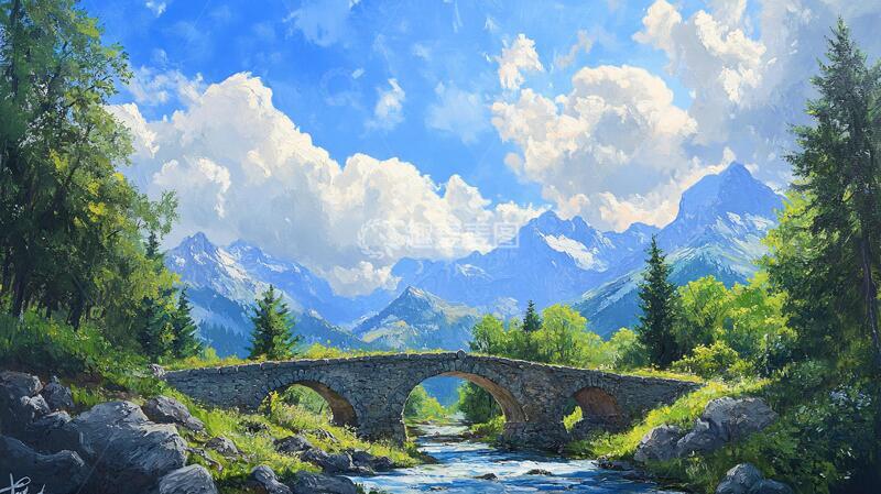 高清大图下载【趣麦麦图】石桥风景画油画插画桥梁