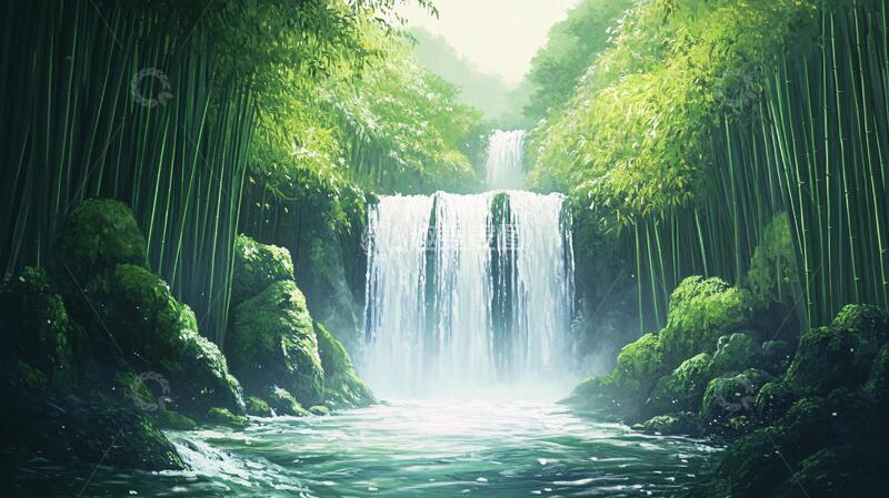 高清大图下载【趣麦麦图】春天竹林瀑布晨曦唯美6
