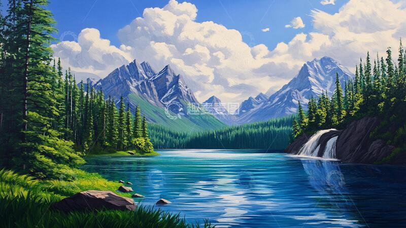 高清大图下载【趣麦麦图】宽屏风景画插画河流绘画
