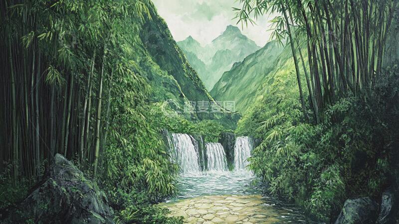 高清大图下载【趣麦麦图】竹林河流山峰6