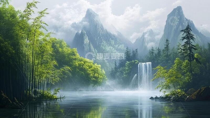 高清大图下载【趣麦麦图】春天竹林瀑布晨曦唯美9