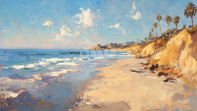 高清大图下载【趣麦麦图】海滩油画油画手绘海景