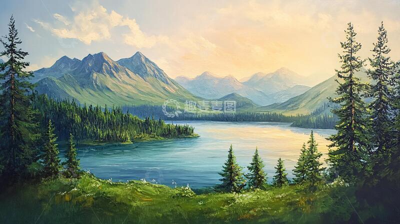 高清大图下载【趣麦麦图】山湖插画油画插画美景