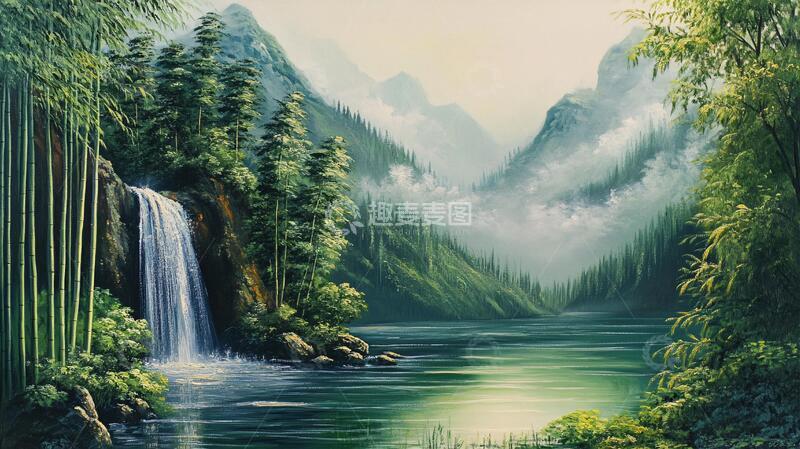 高清大图下载【趣麦麦图】竹林立体画瀑布河流油画