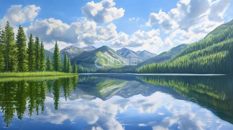 高清大图下载【趣麦麦图】蓝天白云绿水山林背景