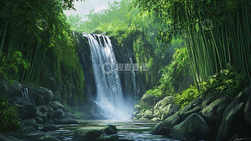 高清大图下载【趣麦麦图】春天竹林瀑布晨曦唯美5