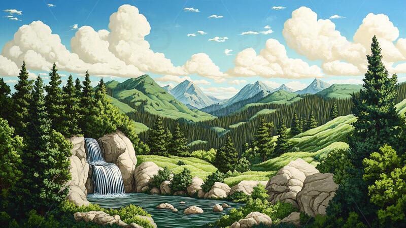 高清大图下载【趣麦麦图】现实山景画插画场景山景