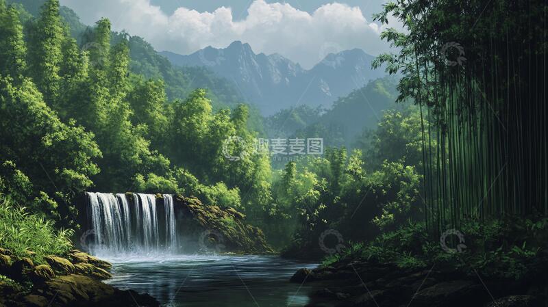 高清大图下载【趣麦麦图】春天竹林瀑布晨曦唯美3