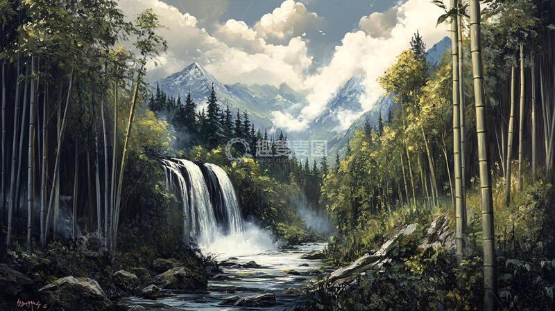 高清大图下载【趣麦麦图】山水风景油画瀑布14