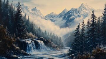 风雪流水山脉油画3