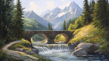 石桥风景画油画桥梁绘画