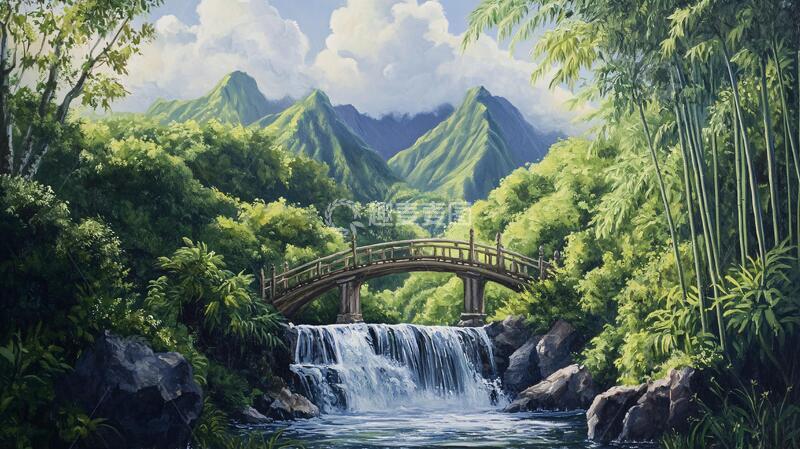 高清大图下载【趣麦麦图】竹林河流山峰2