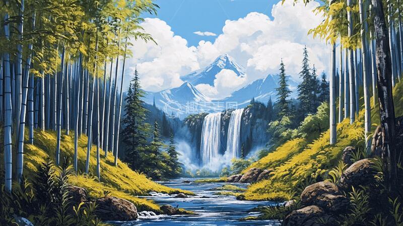 高清大图下载【趣麦麦图】山水风景油画瀑布15