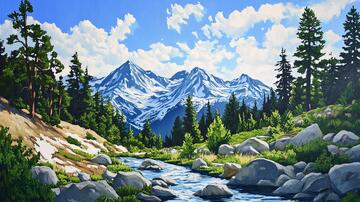 现实山景画森林河流山景