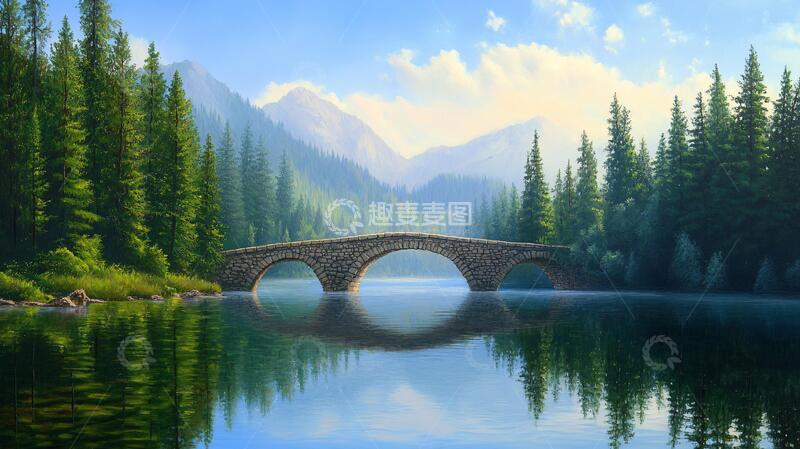 高清大图下载【趣麦麦图】唯美拱桥湖面森林河流