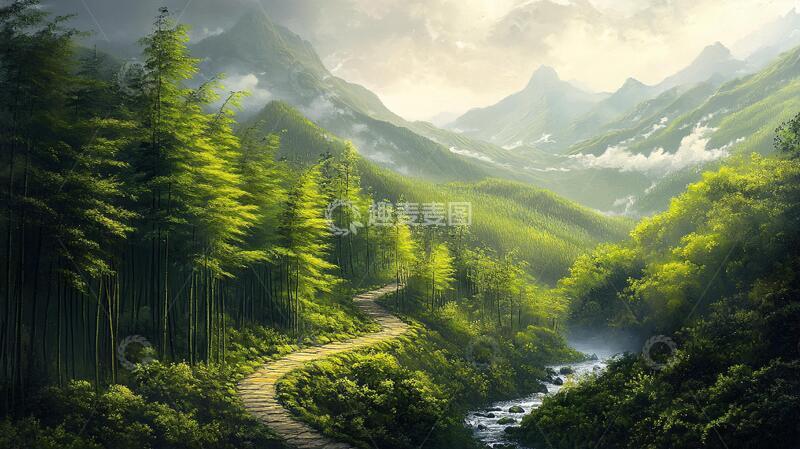 高清大图下载【趣麦麦图】竹林意境图背景壁纸小路