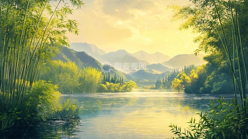 高清大图下载【趣麦麦图】竹海风景画河流意境背景