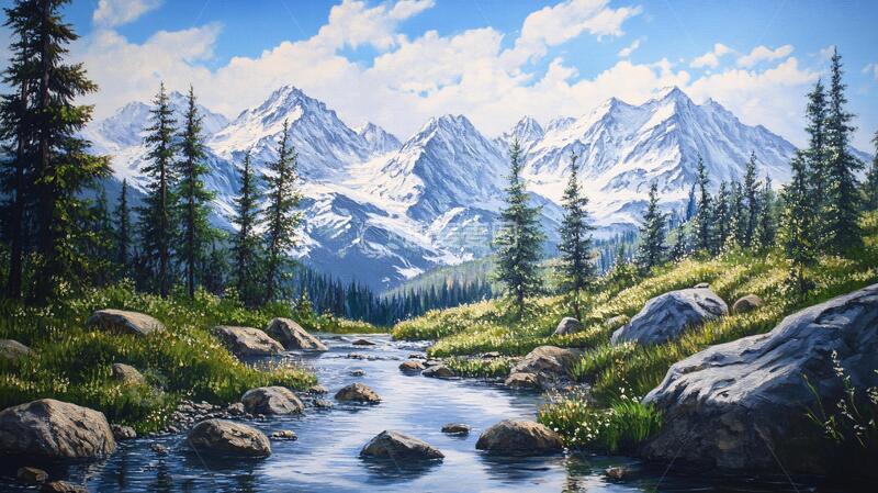 高清大图下载【趣麦麦图】宽屏风景画油画河流绘画