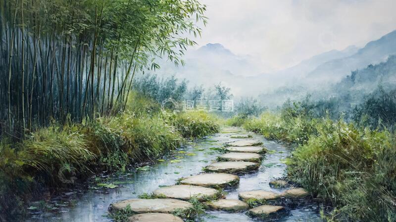 高清大图下载【趣麦麦图】竹林油画竹林小溪溪流