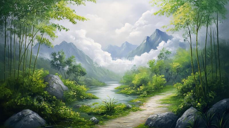 高清大图下载【趣麦麦图】竹林河流山峰1