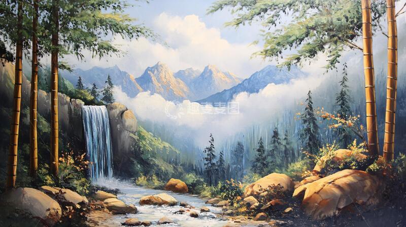 高清大图下载【趣麦麦图】宽屏风景画油画原画瀑布